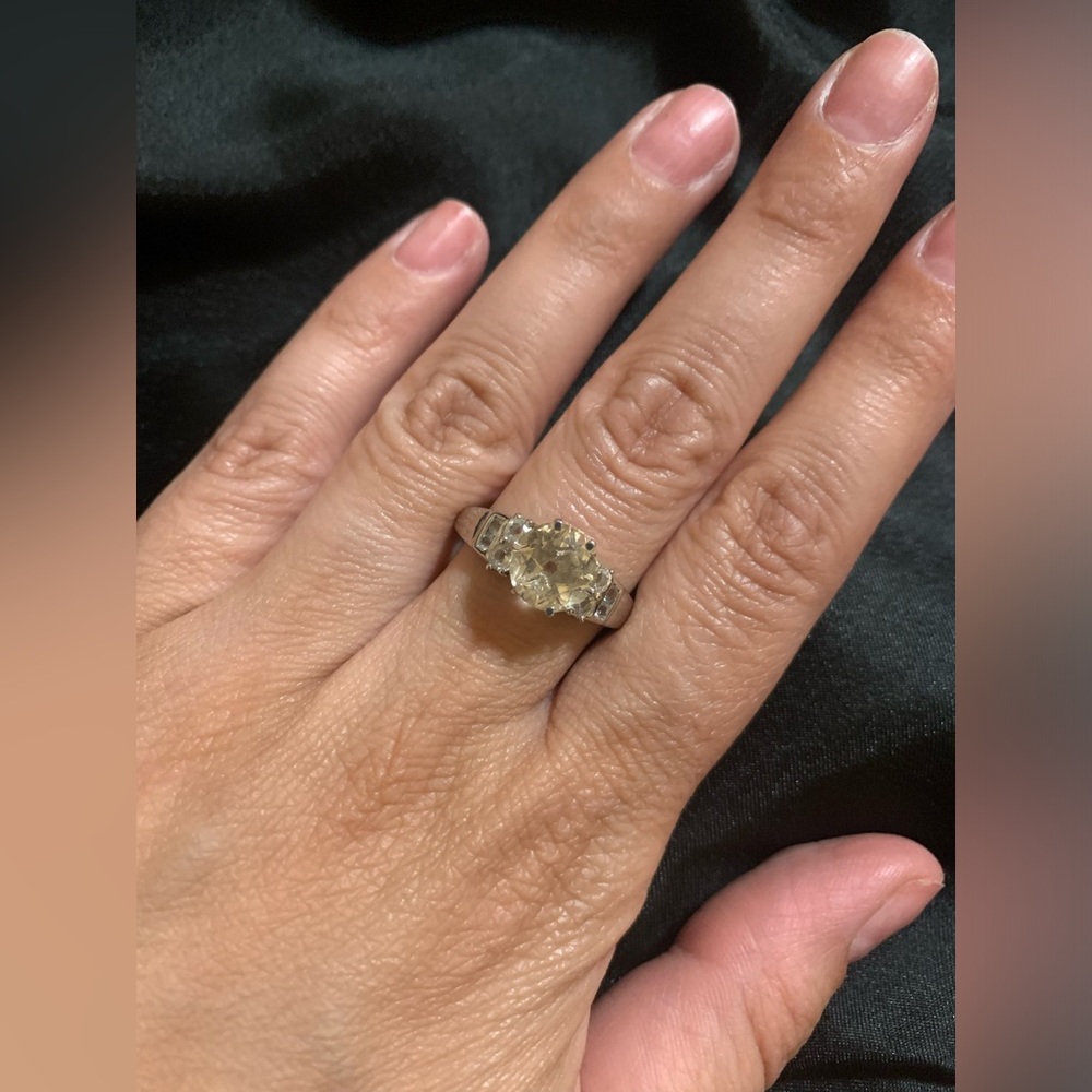 2.09CT YELLOW LABRADORITE -.64CTW WHITE TOPAZ RHODIUM OVER SILVER RING- SZ 11